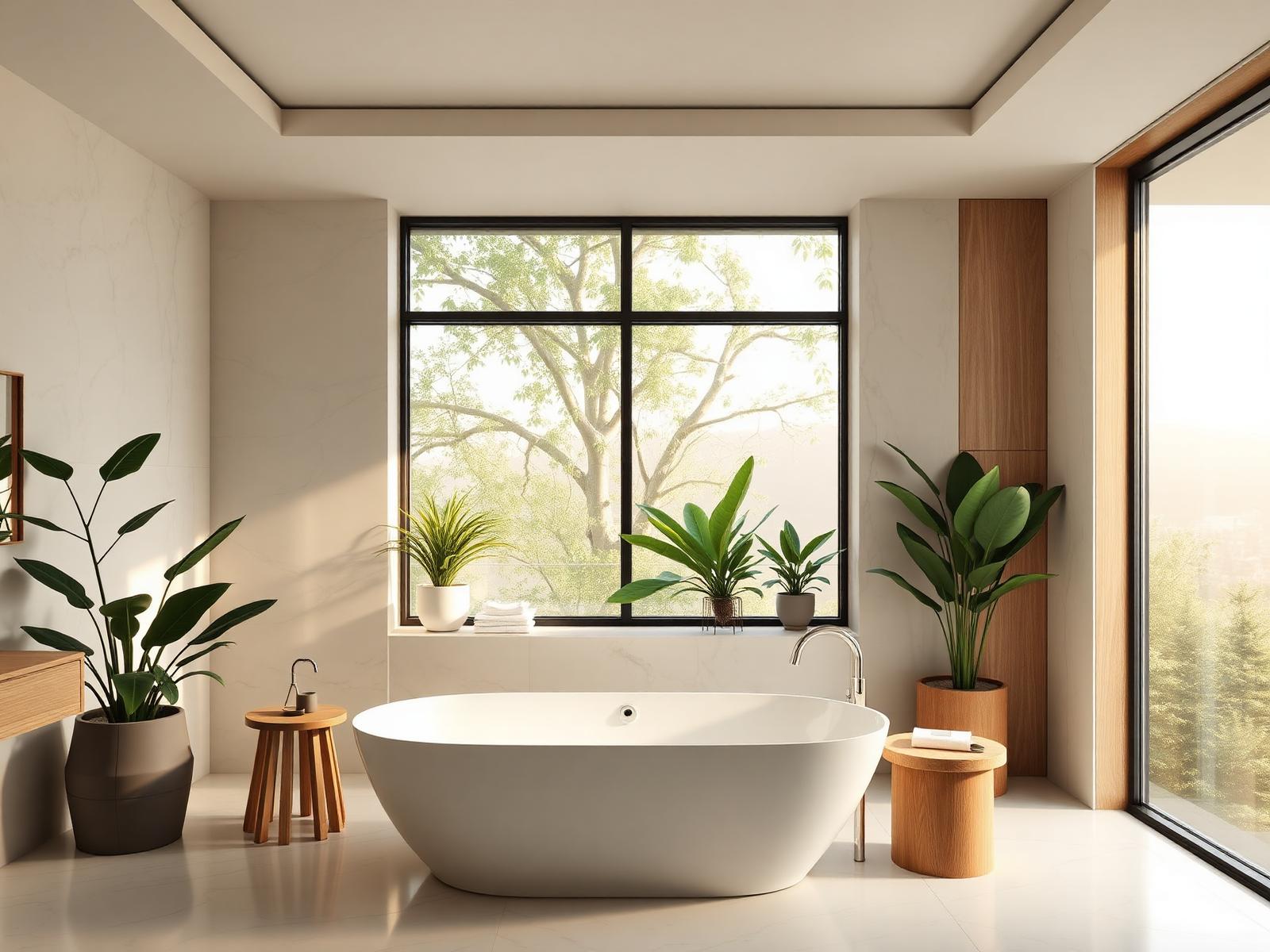 Sunlit spa bathroom with freestanding tub and plants