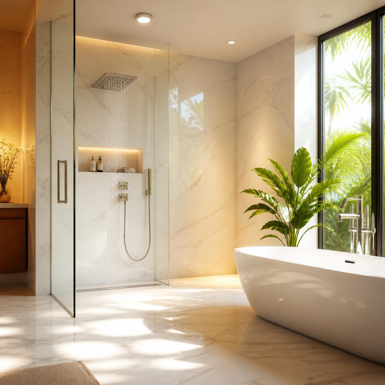 Modern bathroom with glass shower, freestanding tub and marble walls